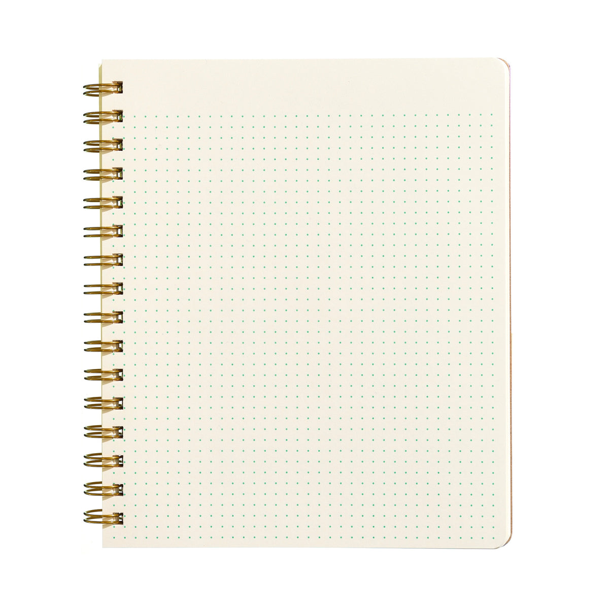 A square spiral-bound notebook with a cream-colored page featuring a grid of tiny green dots, bound with a gold-tone metal coil on a plain white background.