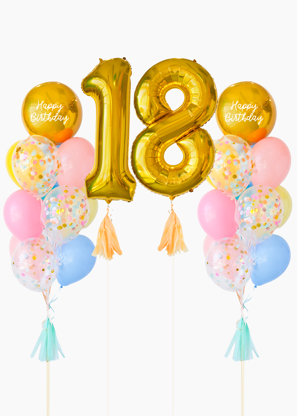 Two rainbow balloon bouquets with a gold round balloon and printed text reading "Happy Birthday" Gold number balloons "18" in the center.