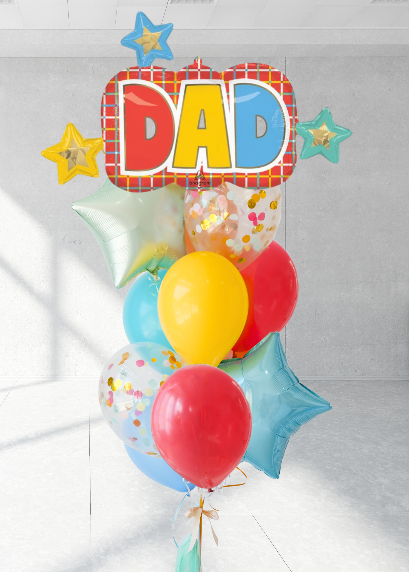 colorful balloon bouquet with a graphic DAD balloon 