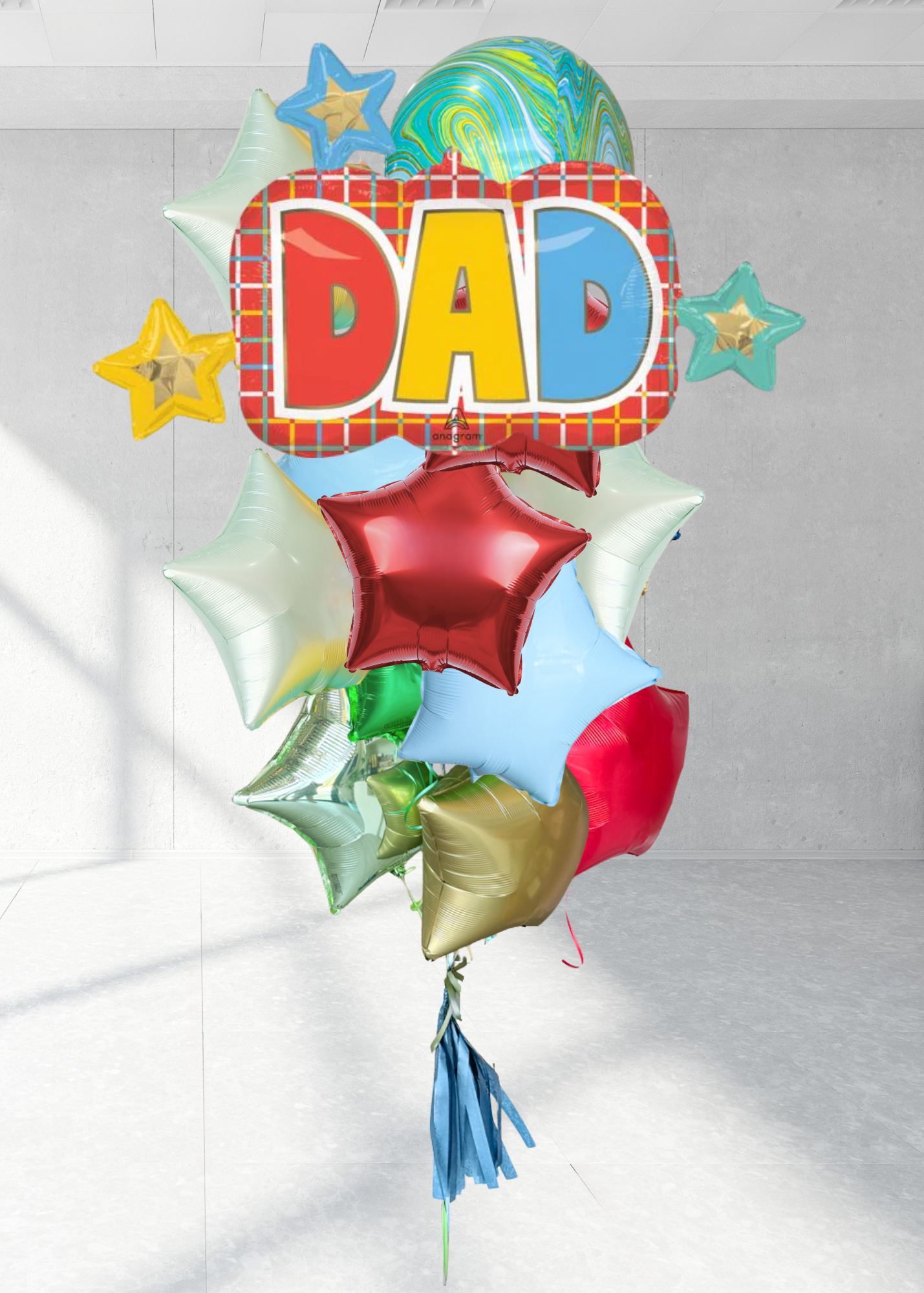 Colorful father's day balloons with stars and marble orb