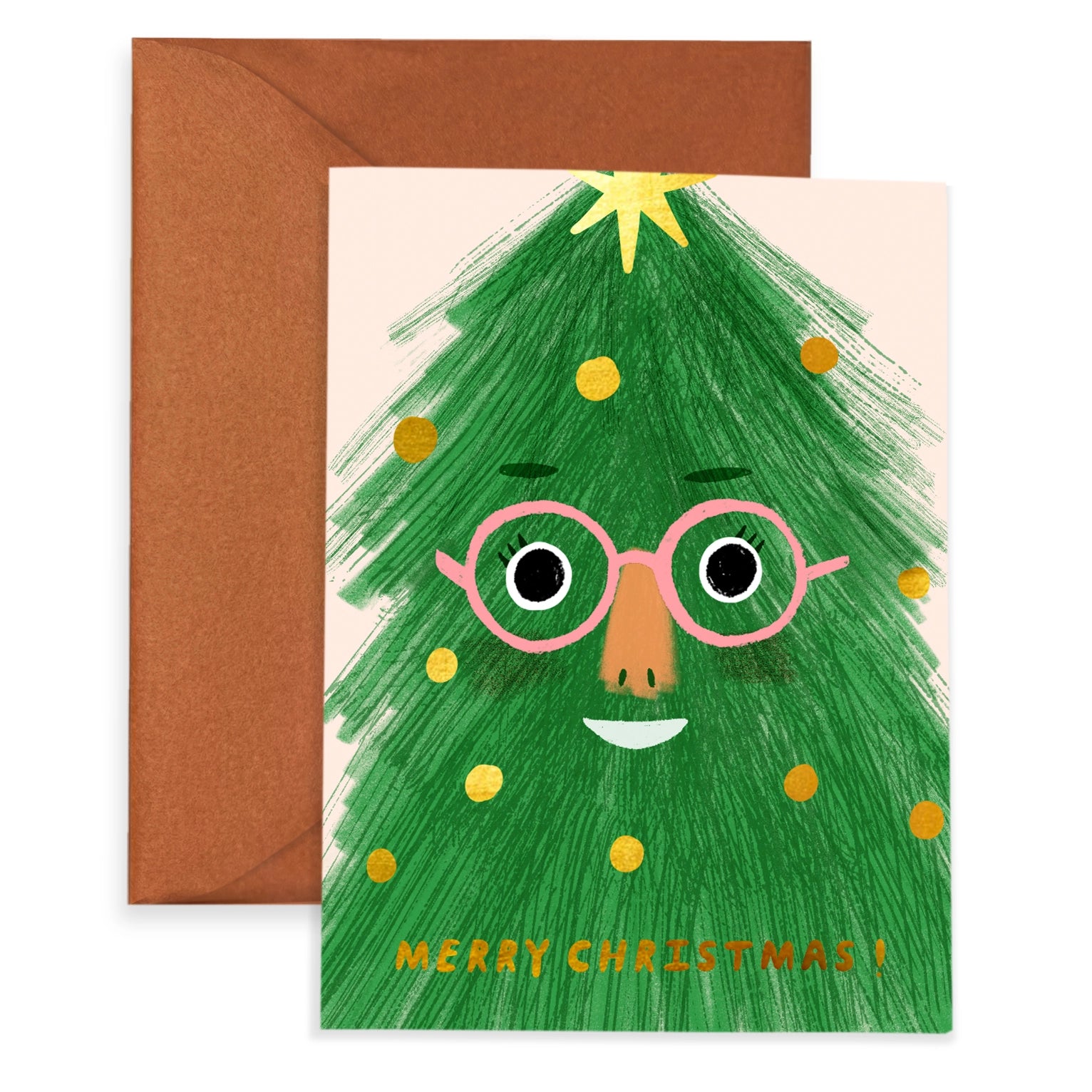 A green quirky christmas tree with a face wearing glasses. Gold dots as ornament embellishments through the tree.