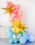 rainbow balloon garland on a stand with starpoints and confetti balloons