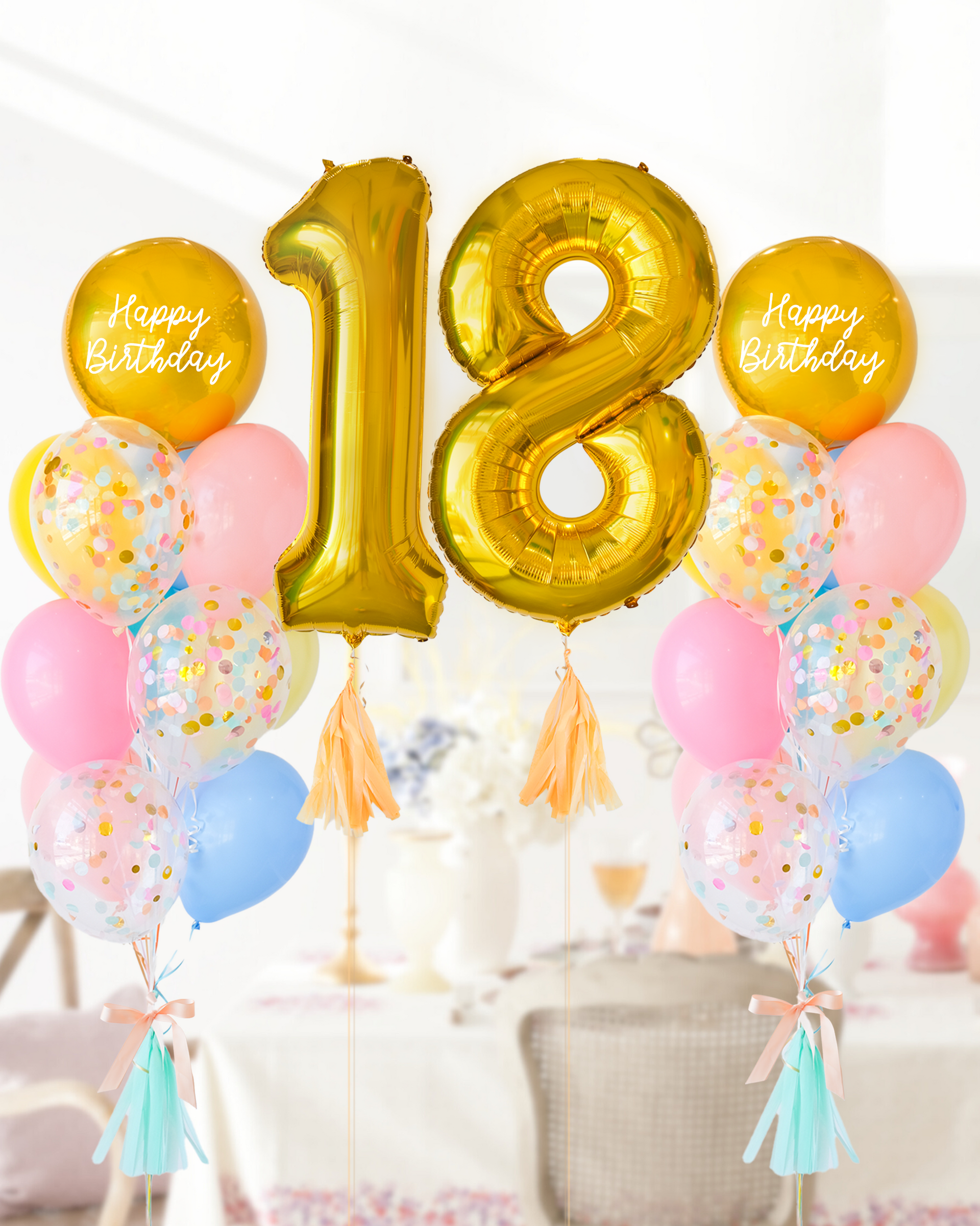 double sparkles rainbow funfetti balloons with number balloons in a party room background