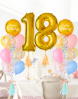 double sparkles rainbow funfetti balloons with number balloons in a party room background