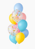 A bouquet of balloons in shades of blue, pink, yellow, and multicolor with a confetti pattern.
