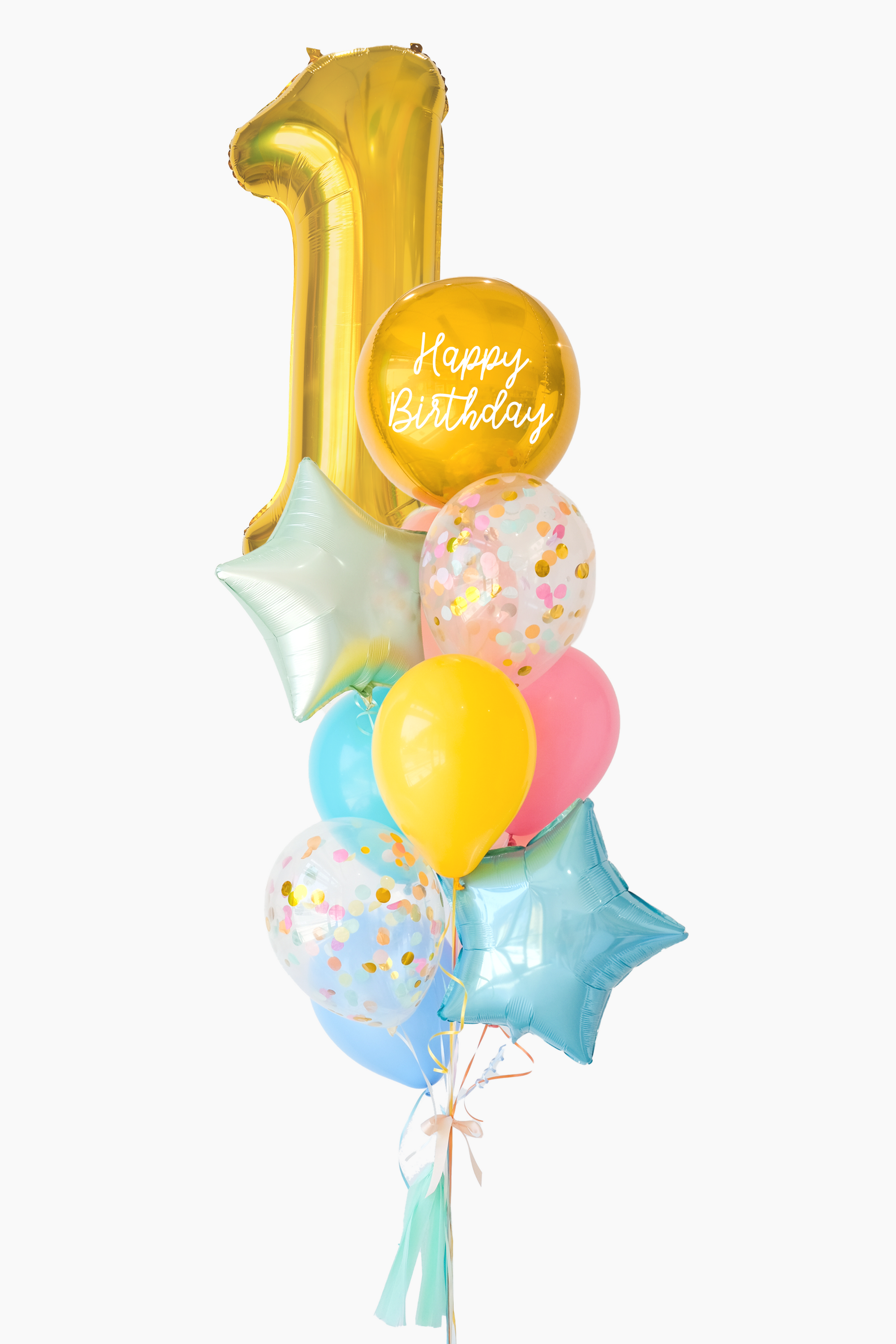A balloon bouquet featuring a round gold orb balloon, a big gold number 1 balloon, with smaller multicolored balloons including pink, blue, and yellow, all adorned with confetti clear balloons and stars. The balloons are attached to a ribbon bow and tassel.