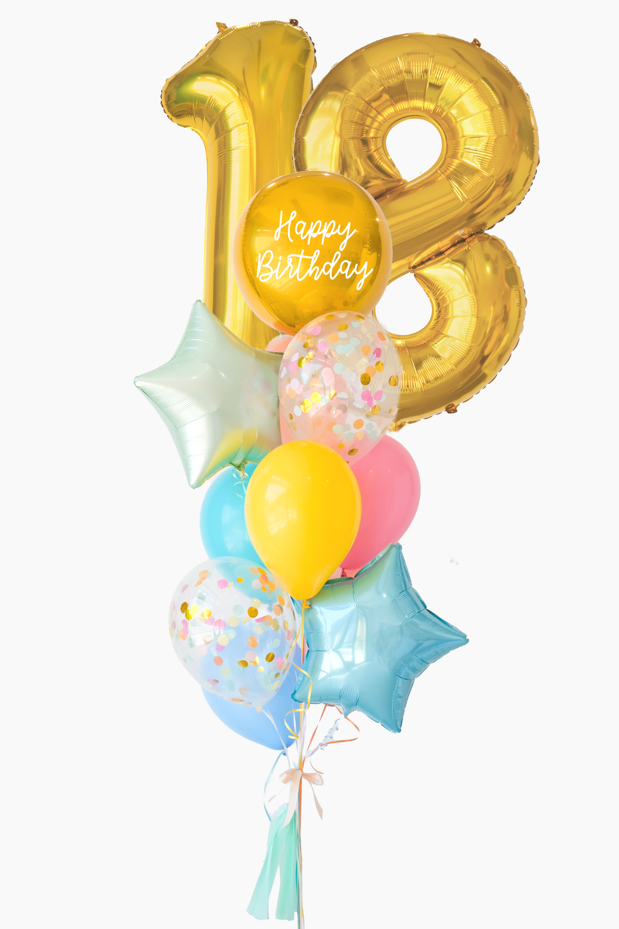 A balloon bouquet featuring a round gold orb balloon, gold number 18 number balloons, with smaller multicolored balloons including pink, blue, and yellow, all adorned with confetti clear balloons and stars. The balloons are attached to a ribbon bow and tassel.