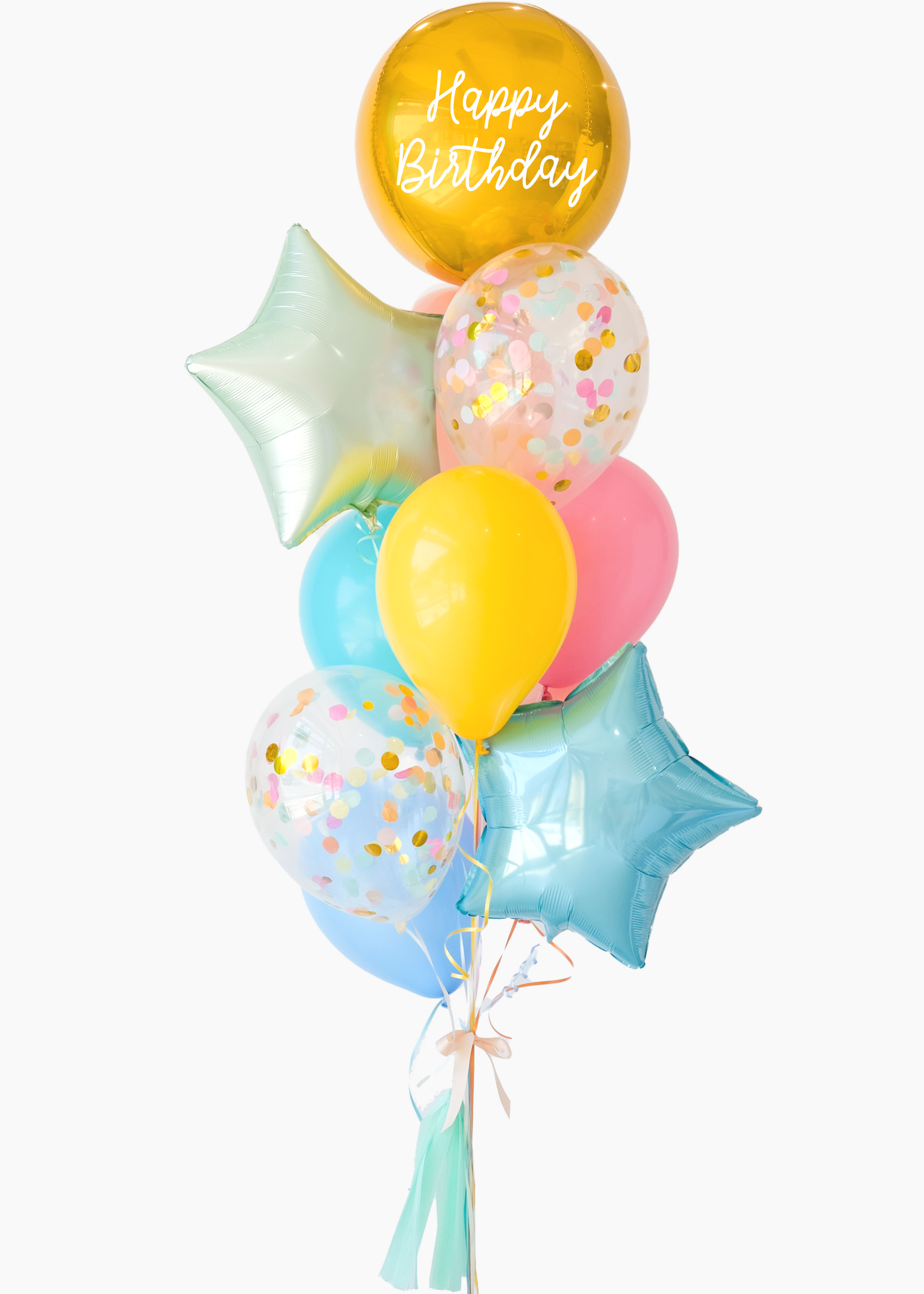 A balloon bouquet featuring a round gold orb balloon, with smaller multicolored balloons including pink, blue, and yellow, all adorned with confetti clear balloons and stars. The balloons are attached to a ribbon bow and tassel.