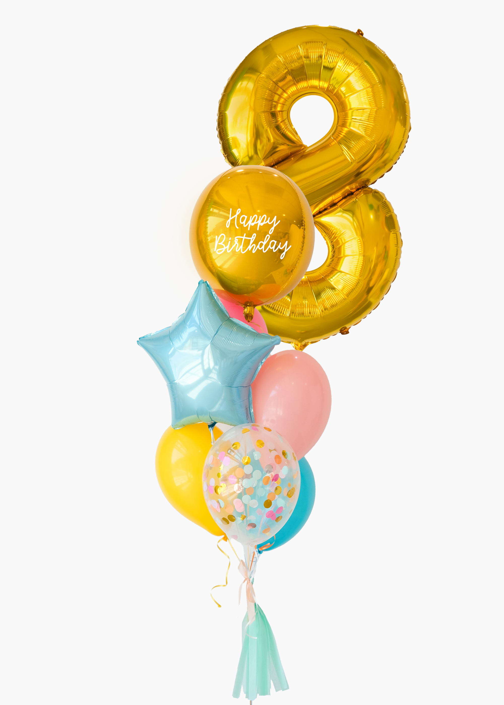 A balloon arrangement featuring multiple balloons in yellow, blue, pink, and green, with a 'Happy Birthday' message and a number '8' balloon for an adult's eighth birthday.