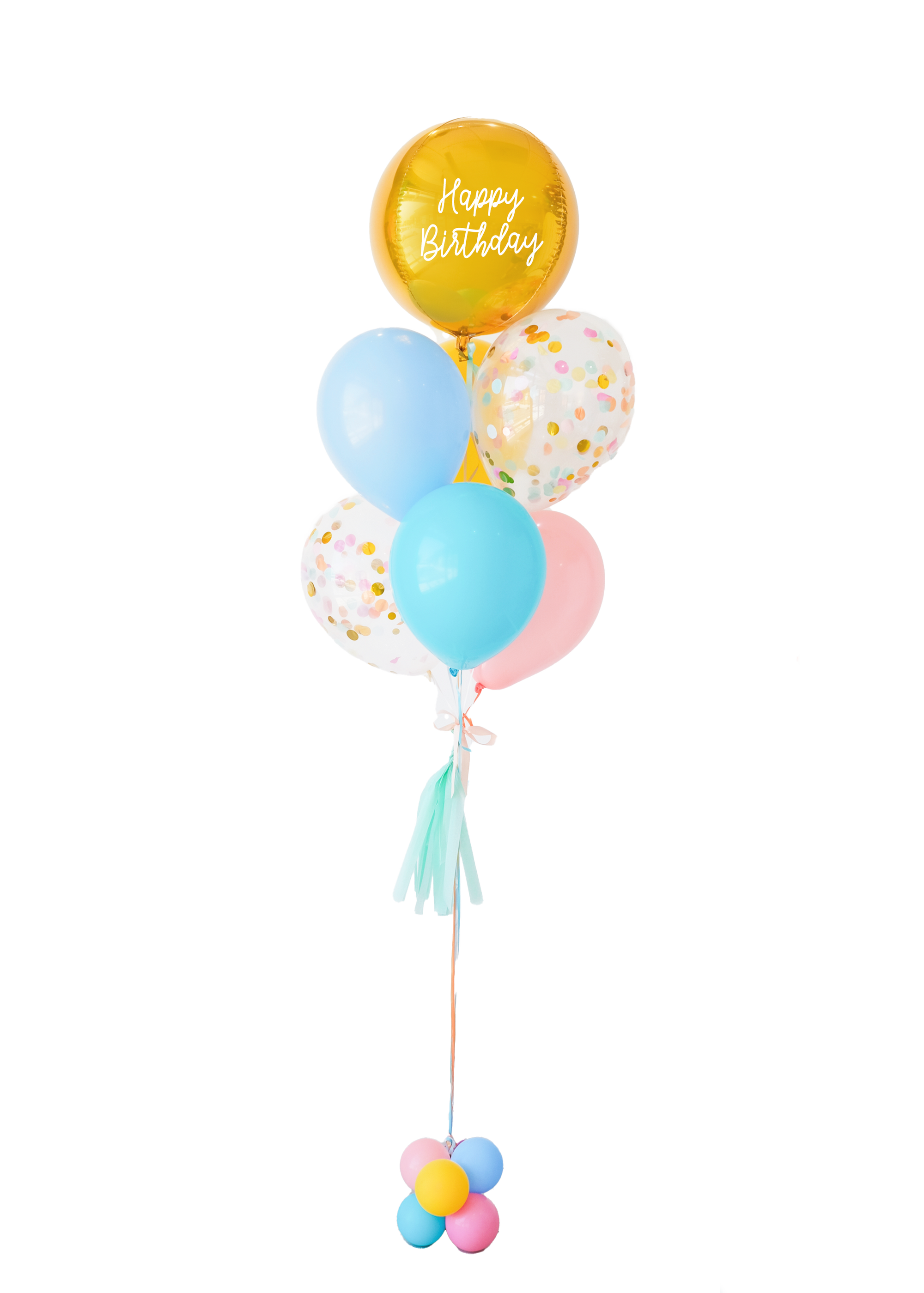 A balloon bouquet with a mix of solid colored balloons in blue, yellow, pink, and green, along with one metallic orb balloon with 'Happy Birthday' text, and a clear confetti balloon. There is a tassel and a ribbon bow on the arrangement.