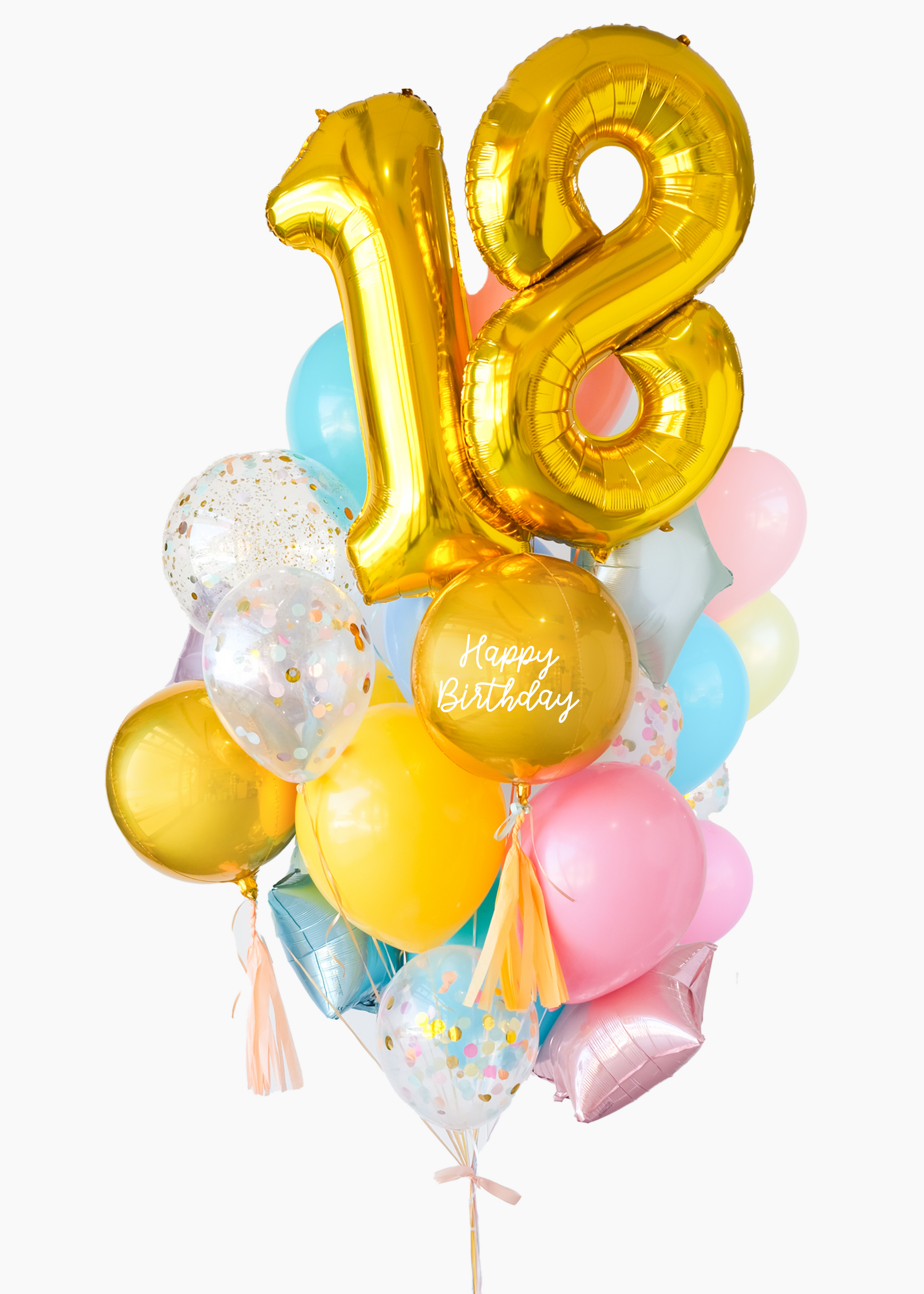 A balloon arrangement featuring a golden number '18' balloon with multicolored balloons tied to it, with the word 'Happy Birthday' printed on a gold balloon.