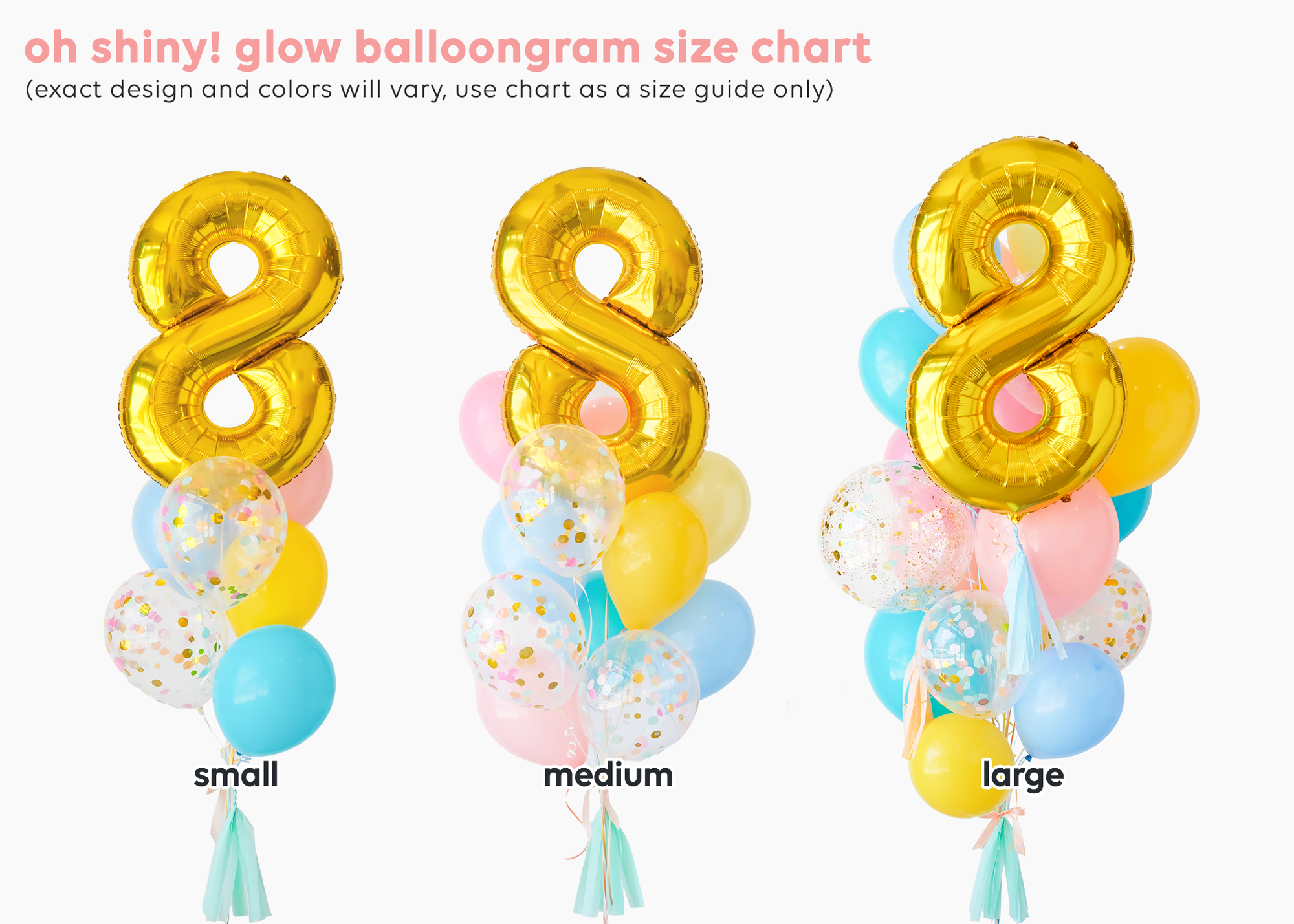 Three varying sized balloon bouquets, each one with an increase in quantity of balloons from small, medium to large.