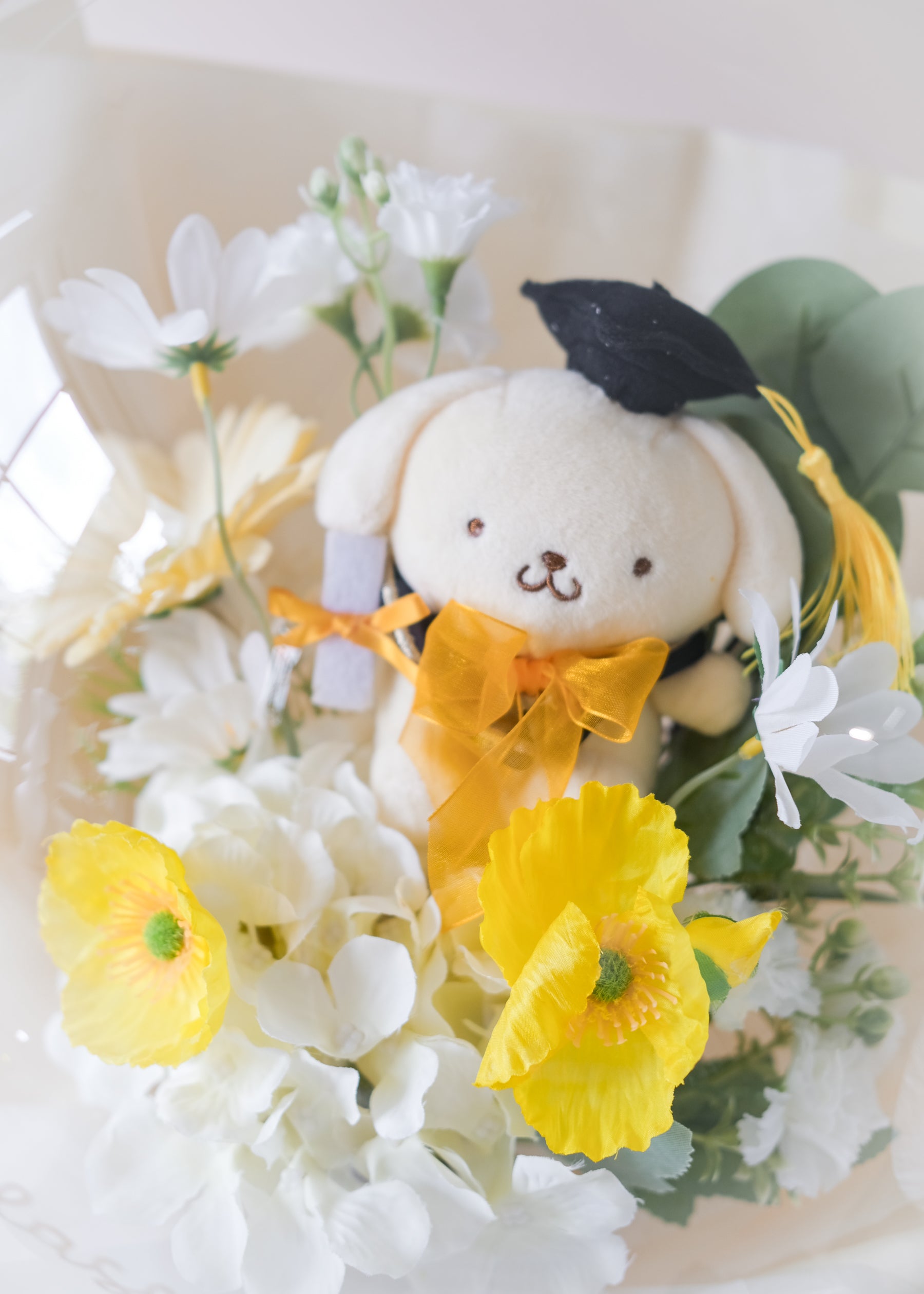 pom pom purin plush flower balloon close up