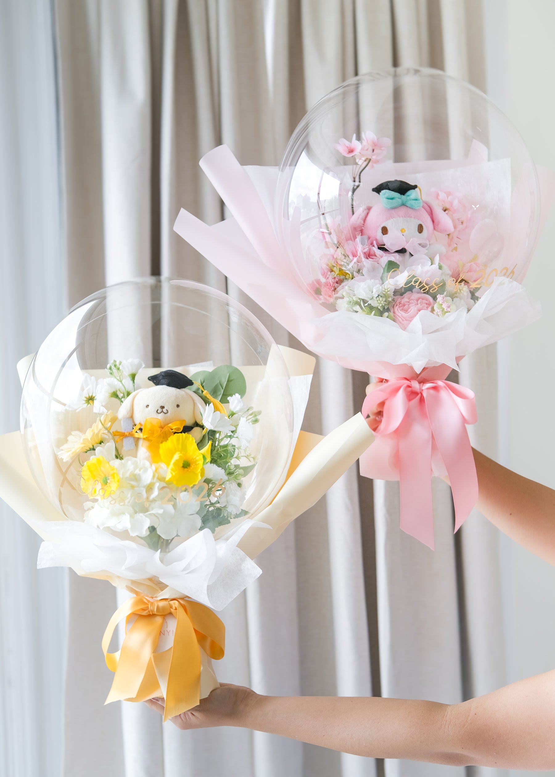 pom pom purin plush flower balloon and my melody flower balloon