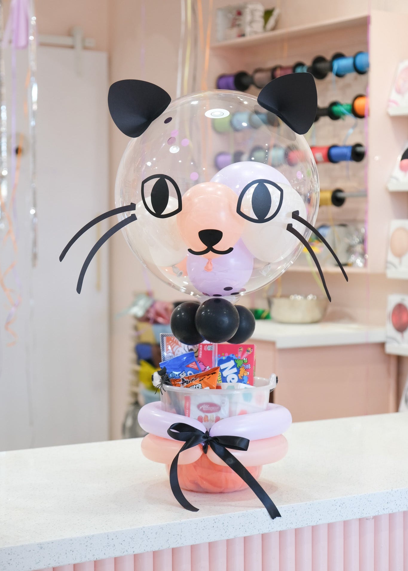 black cat balloon basket