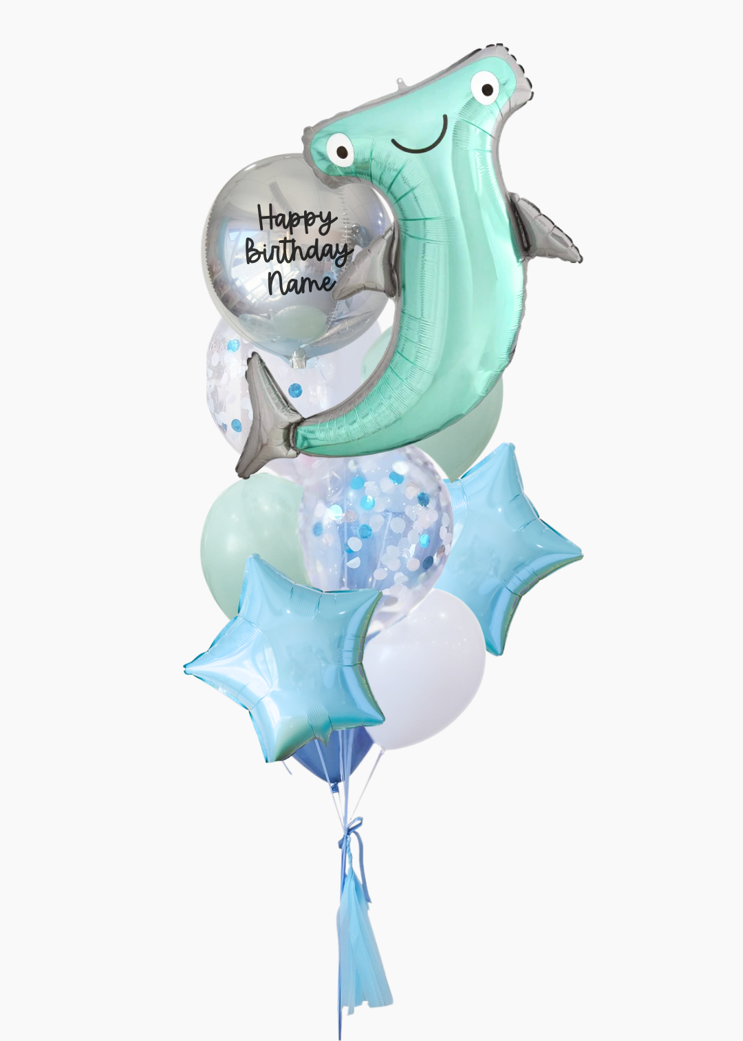 A birthday balloon bouquet featuring a mint green shark-shaped foil balloon, a clear round balloon with 'Happy Birthday Name' text, light blue star balloons, and several pastel blue and white latex balloons with confetti, tied together with a blue tassel on a white background.