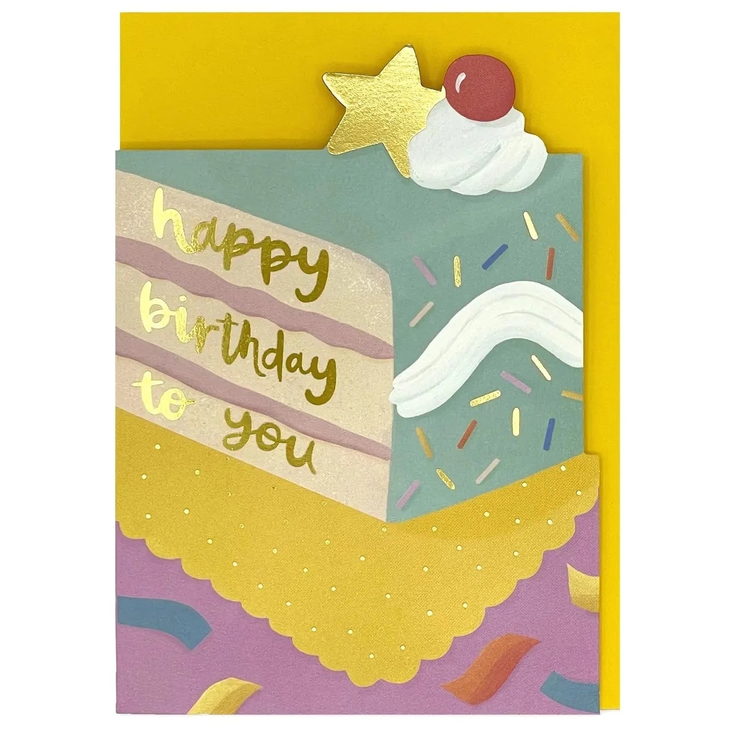 A greeting card featuring a colorful illustration of a birthday cake with 'happy birthday to you' text in gold foil. The card has a bright yellow background.