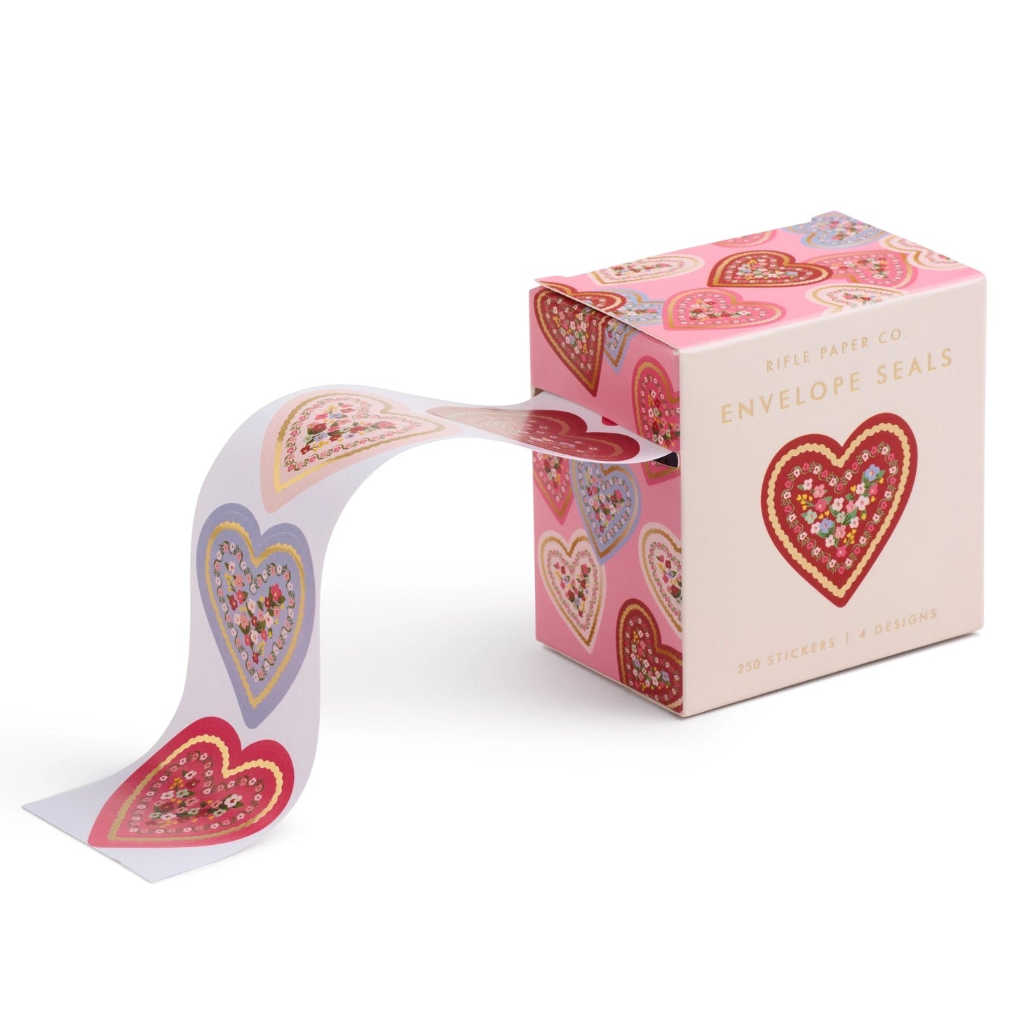 Box of heart-shaped envelope seals with a ribbon on a white background