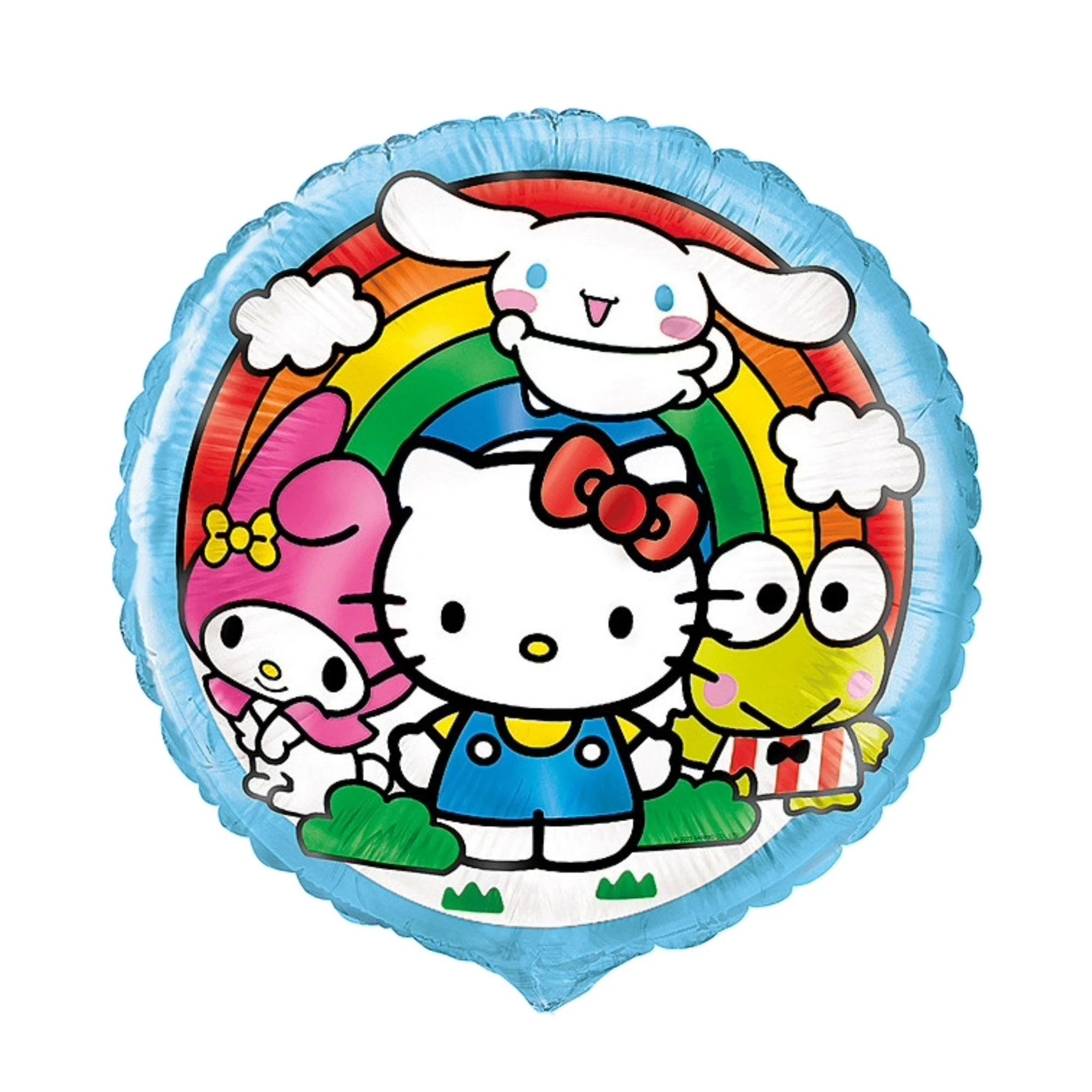 An 18-inch round balloon featuring Hello Kitty and her friends, including Cinnamoroll, Keroppi, and My Melody, with a colorful, playful design.