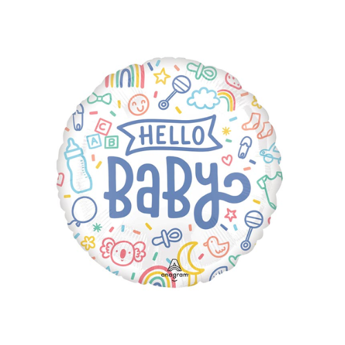 An 18-inch round mylar balloon with 'Hello Baby' text and baby-themed icons such as a teddy bear, bottle, and pacifier.