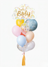 Colorful baby shower balloons with 'hello baby' and rainbow designs on a white background