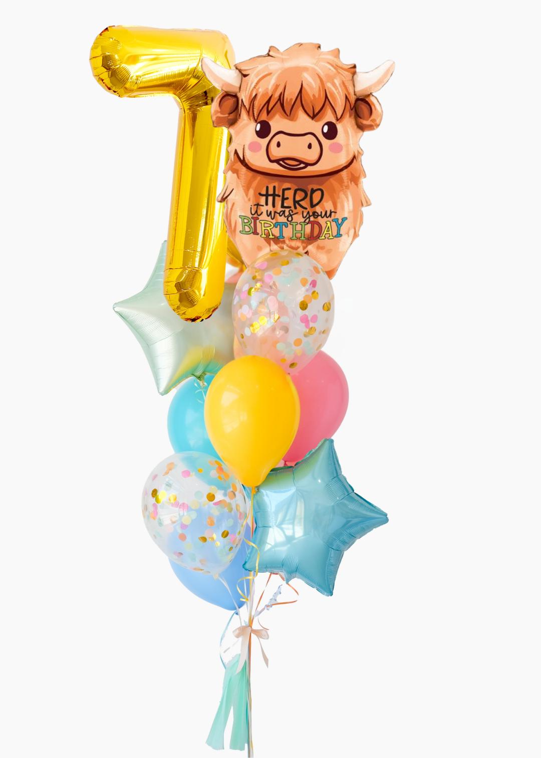 A balloon bouquet featuring a Highland cow balloon with the text 'herd it was your birthday', a gold 7 number balloon and several coordinating balloons including a yellow round balloon, pastel blue and pink balloons, and two light blue star-shaped balloons with confetti.