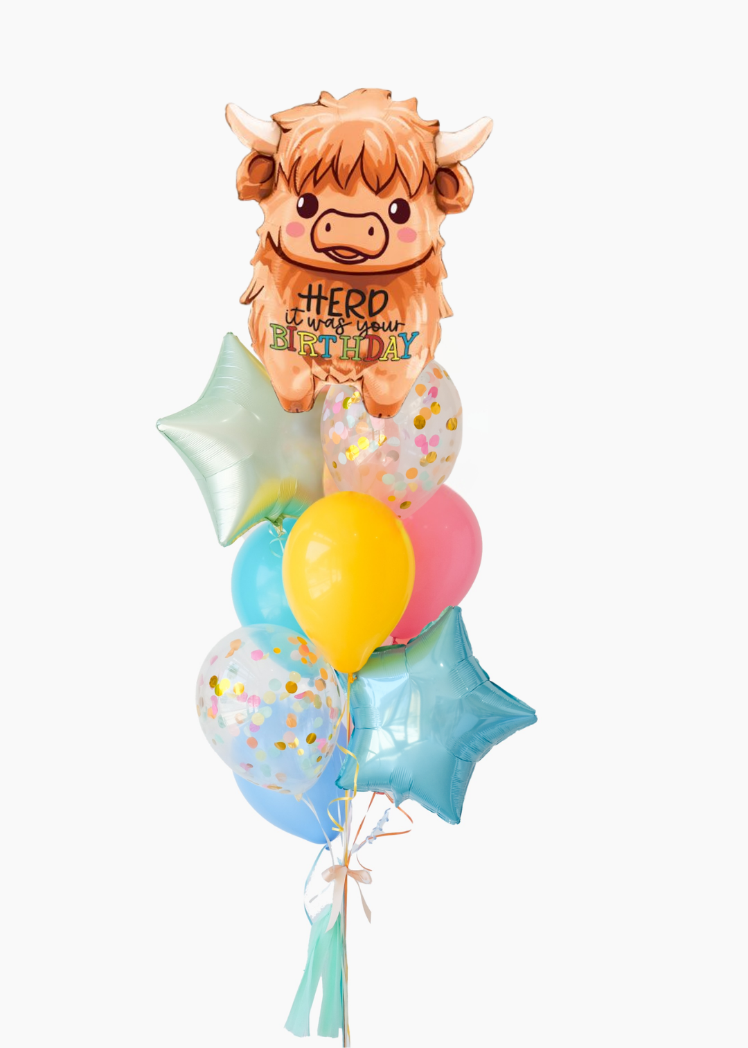 A balloon bouquet featuring a Highland cow balloon with the text 'heard it was your birthday' and several coordinating balloons including a yellow round balloon, pastel blue and pink balloons, and two light blue star-shaped balloons with confetti.