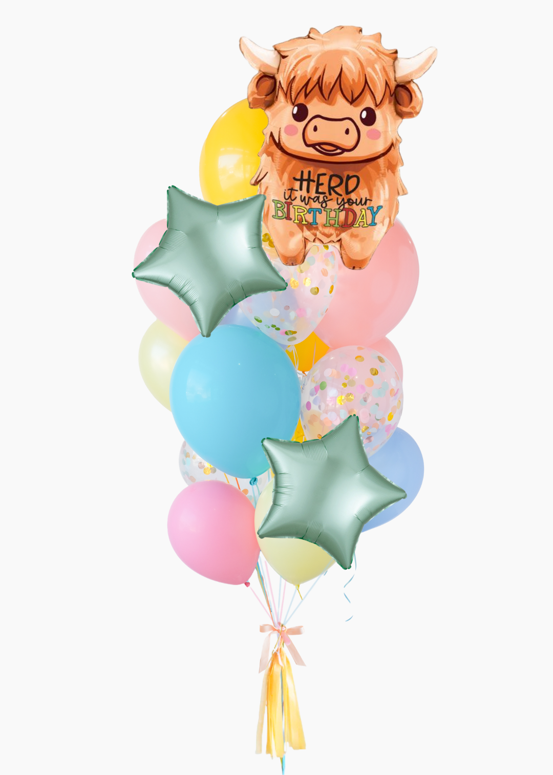A balloon bouquet featuring a Highland cow balloon with the text 'heard it was your birthday' and over a dozzen coordinating balloons including a yellow round balloon, pastel blue and pink balloons, and two light blue star-shaped balloons with confetti.
