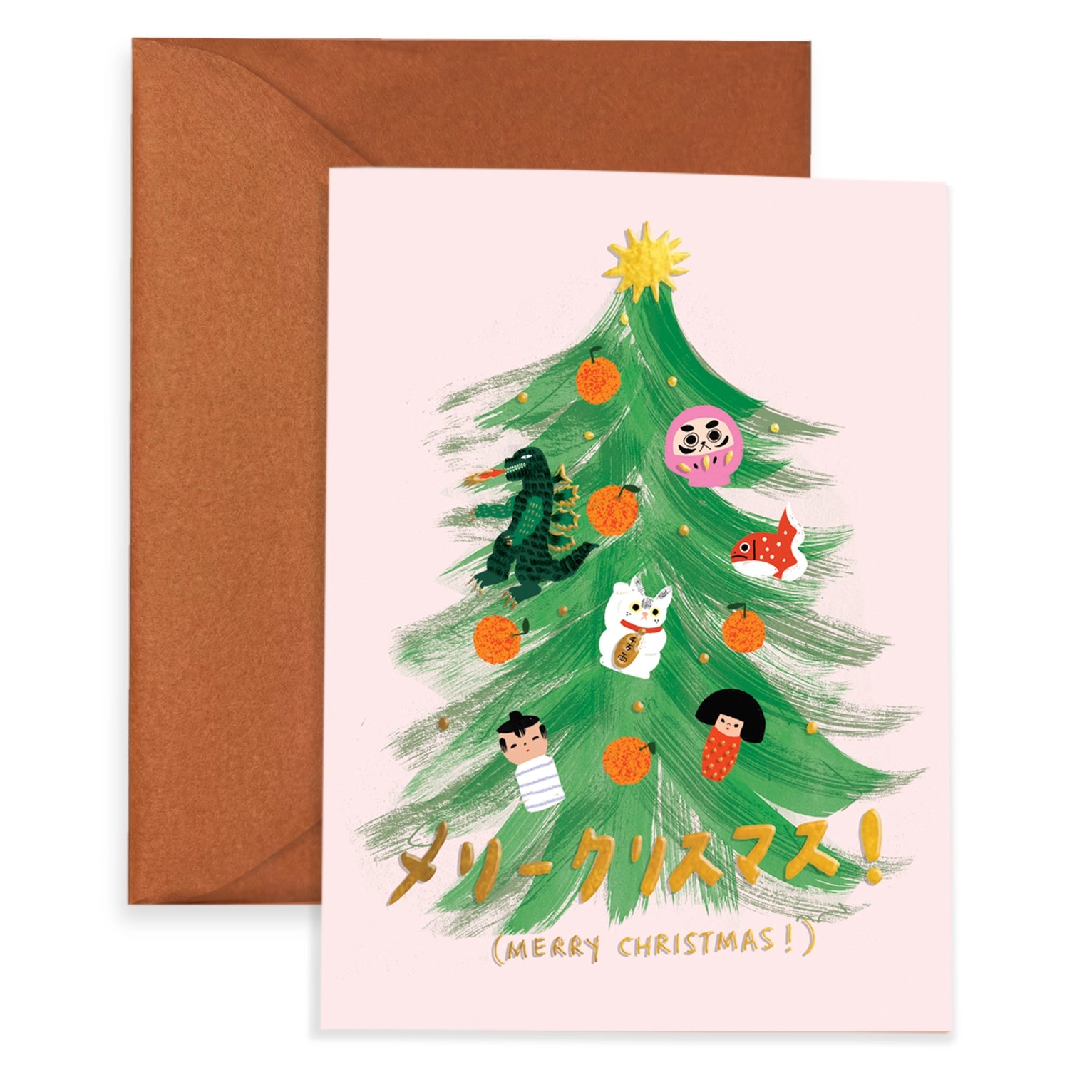 Christmas tree greeting card with tangerines, godzilla, daruma, and maneko icons as ornaments on the tree.