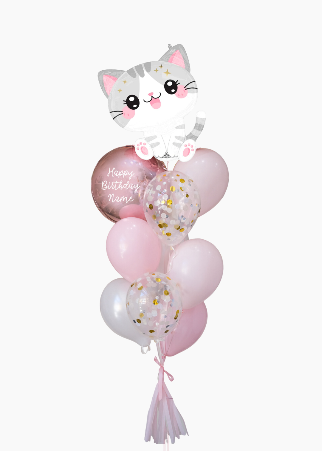 A birthday balloon bouquet featuring a gray and white cartoon cat foil balloon on top of several pastel pink latex balloons, including one metallic rose-gold balloon with 'Happy Birthday Name' text and two clear balloons filled with gold confetti.