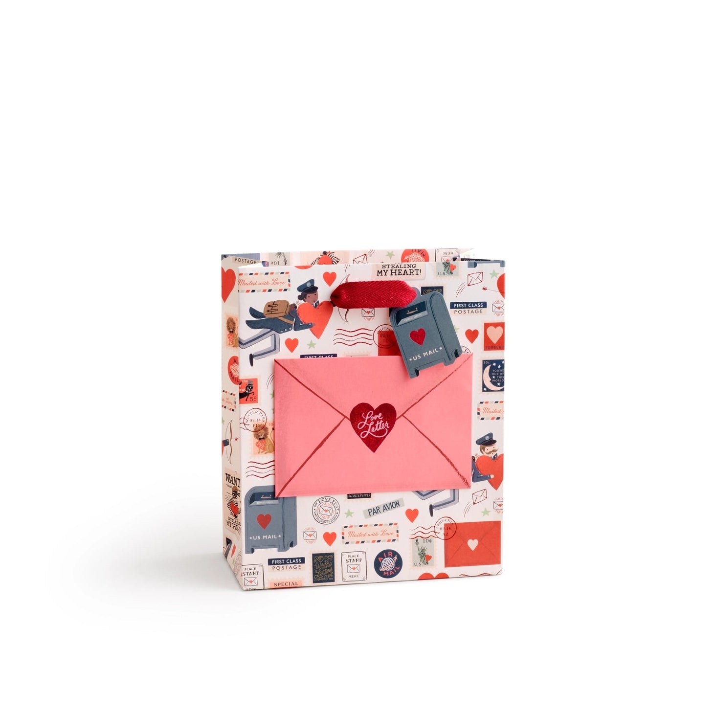 Decorative gift bag with a pink envelope and heart design on a white background