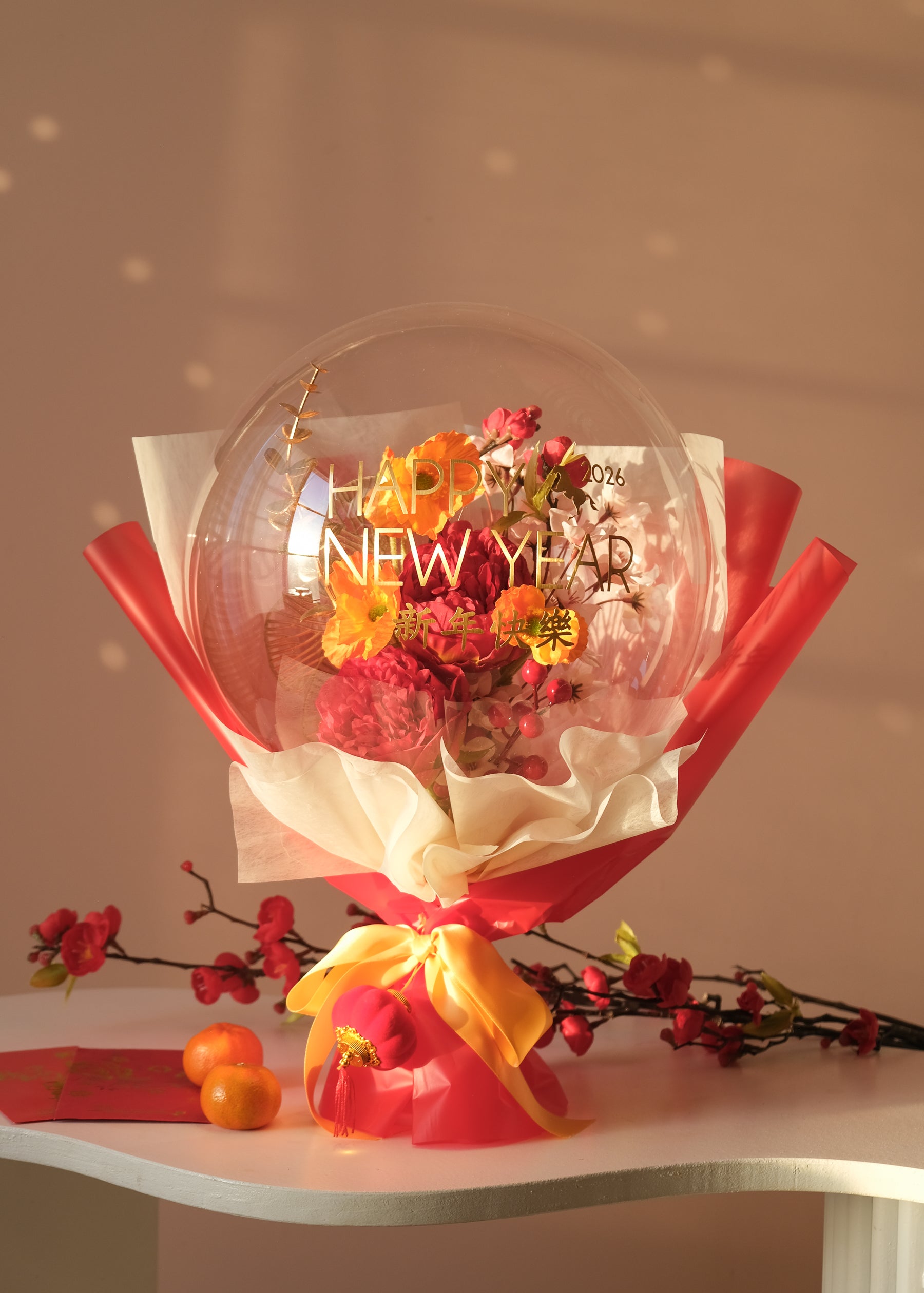 Lunar new year themed florals inside a balloon