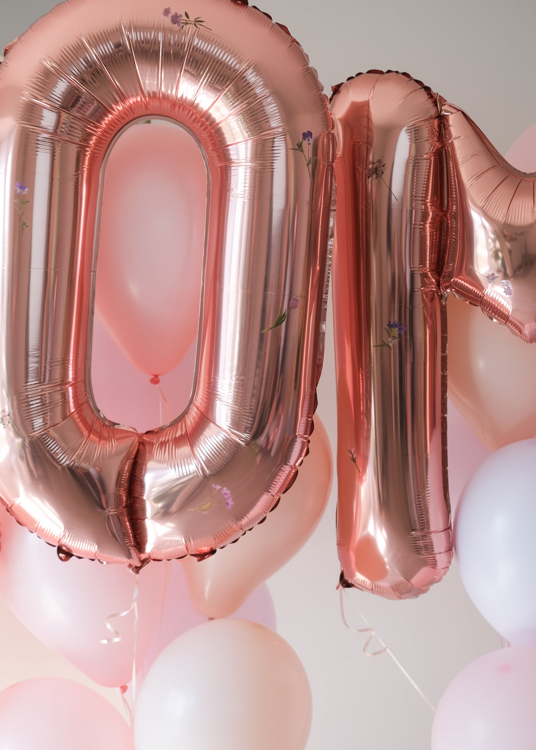 Close up of rose gold "MOM" balloons with floral decals