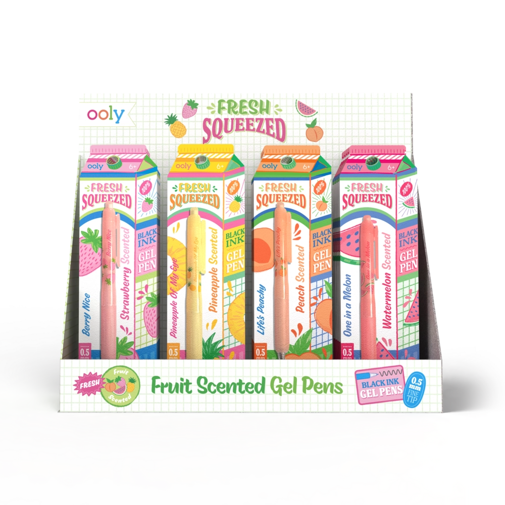 A retail display box of Ooly Fresh Squeezed fruit scented gel pens, showing five colorful pen packages in a grid against a white background.