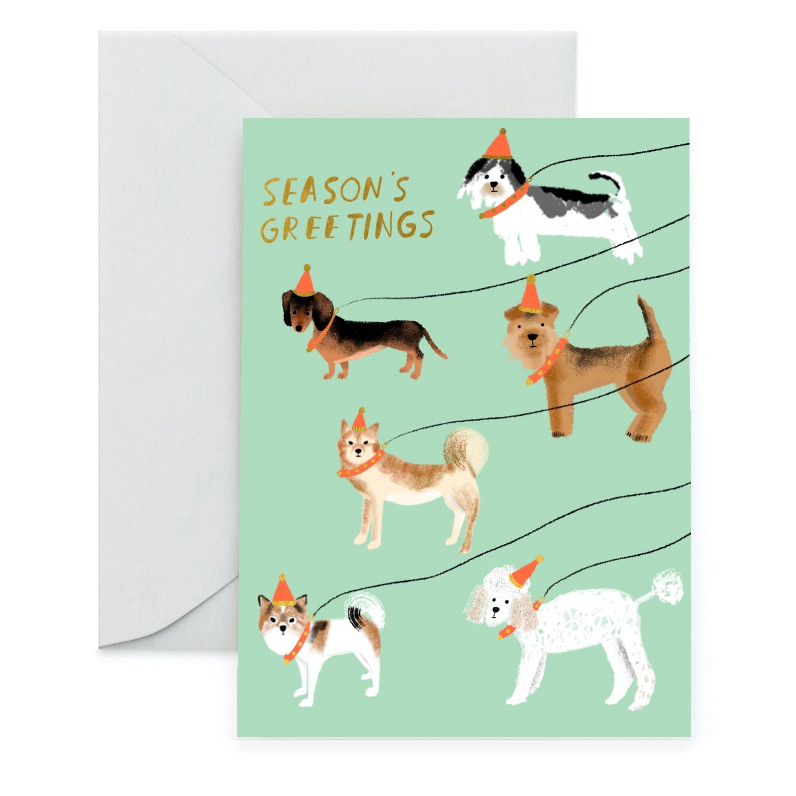 Greeting card with a festive design featuring cartoon doggies wearing party hats and the text 'Season's Greetings'.