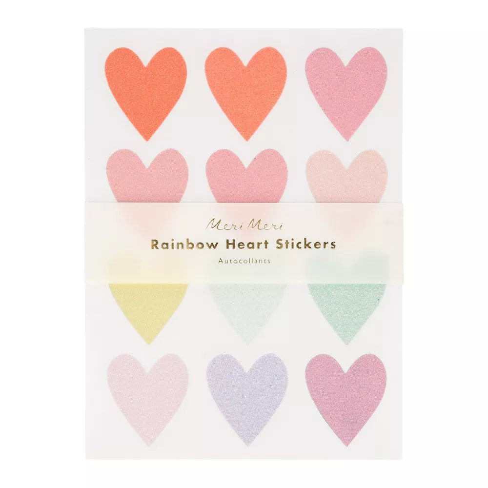 A pack of pastel glitter heart stickers with various shades of pink, orange, yellow, green, and purple, packaged in a clear plastic bag with a white and pink label.