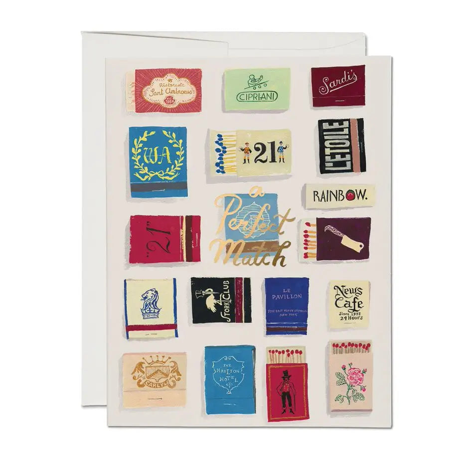 a greeting card with different matches and gold foil text that reads "A perfect match"