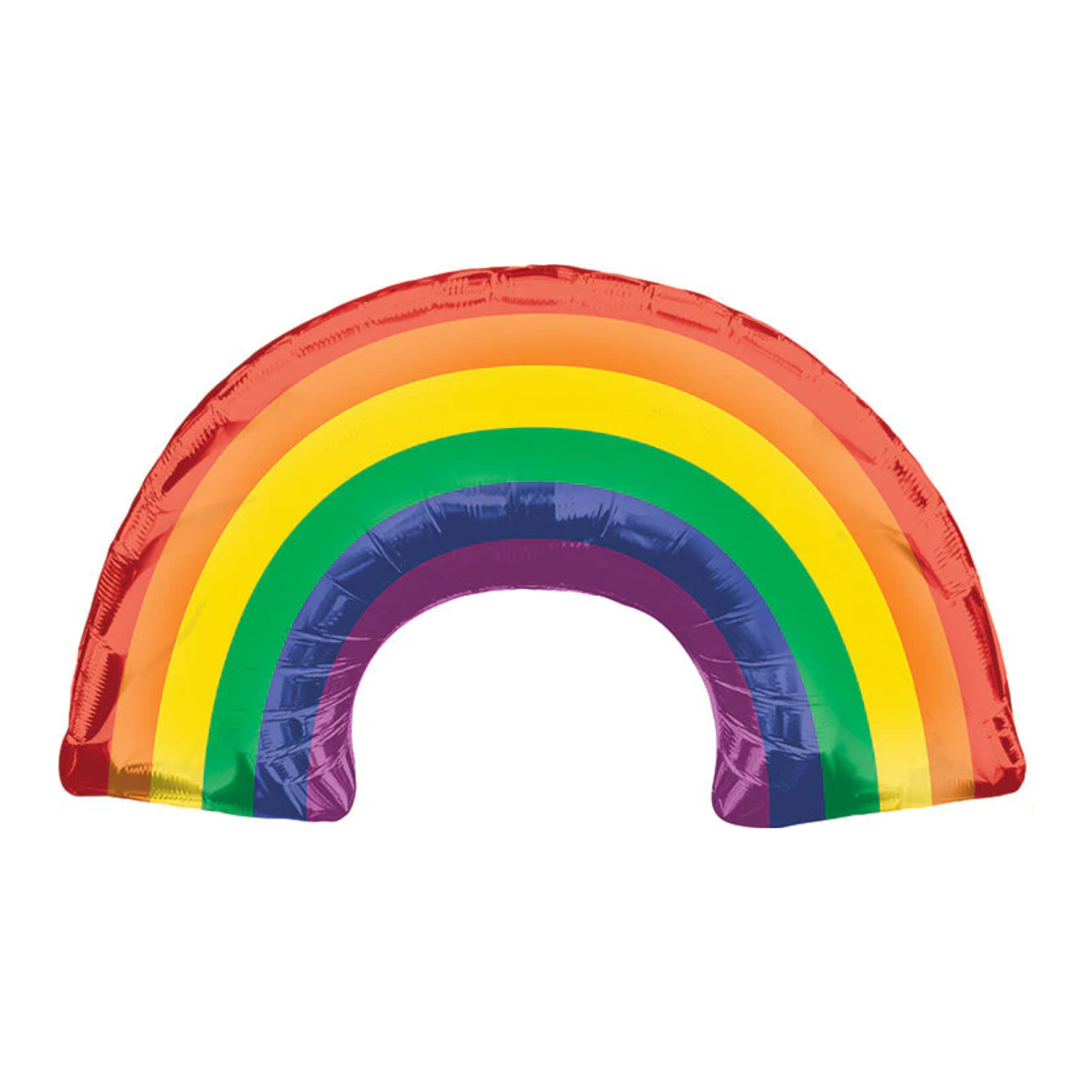 A 34-inch round rainbow-colored mylar balloon, with red, orange, yellow, green, blue, and purple arching over a flat surface.