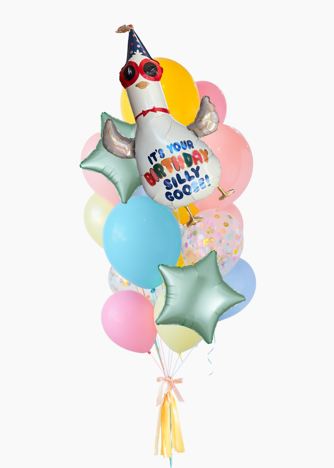 A cluster of colorful party balloons, including a central foil balloon shaped like a white goose wearing sunglasses and a party hat with the text 'IT'S YOUR BIRTHDAY SILLY GOOSE!!', surrounded by pastel pink, blue, yellow, and green balloons on a white background.