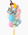A cluster of colorful party balloons, including a central foil balloon shaped like a white goose wearing sunglasses and a party hat with the text 'IT'S YOUR BIRTHDAY SILLY GOOSE!!', surrounded by pastel pink, blue, yellow, and green balloons on a white background.