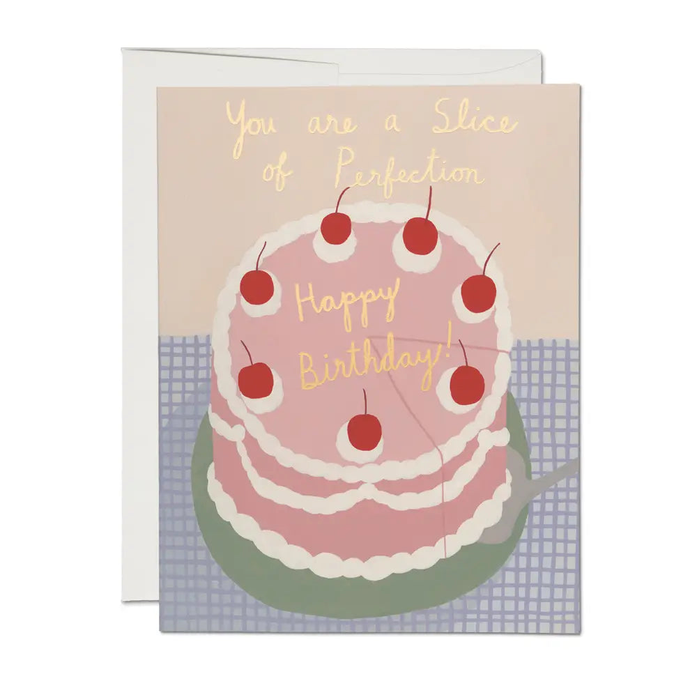 a birthday greeting card of a pink cake with cherries on top