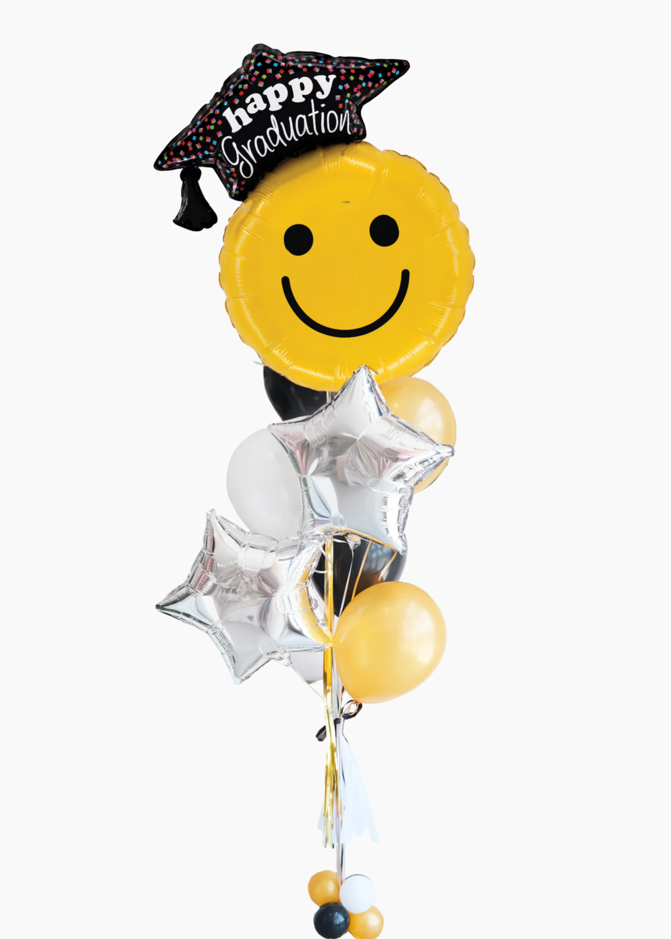 Graduation-themed balloon set with smiley face, star, and cap on a white background