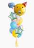 Colorful birthday balloon bouquet with a smiley face balloon, stars, and a 'Happy Birthday' banner on a white background.