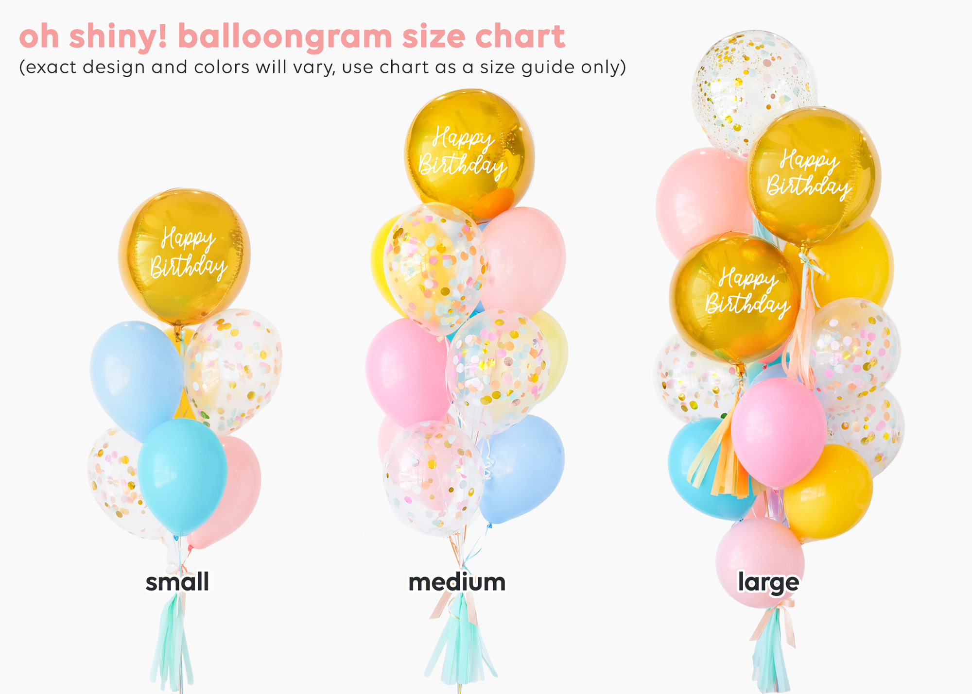 Three varying sized balloon bouquets from small, medium to large. Each bouquet increases in quantity of balloons.