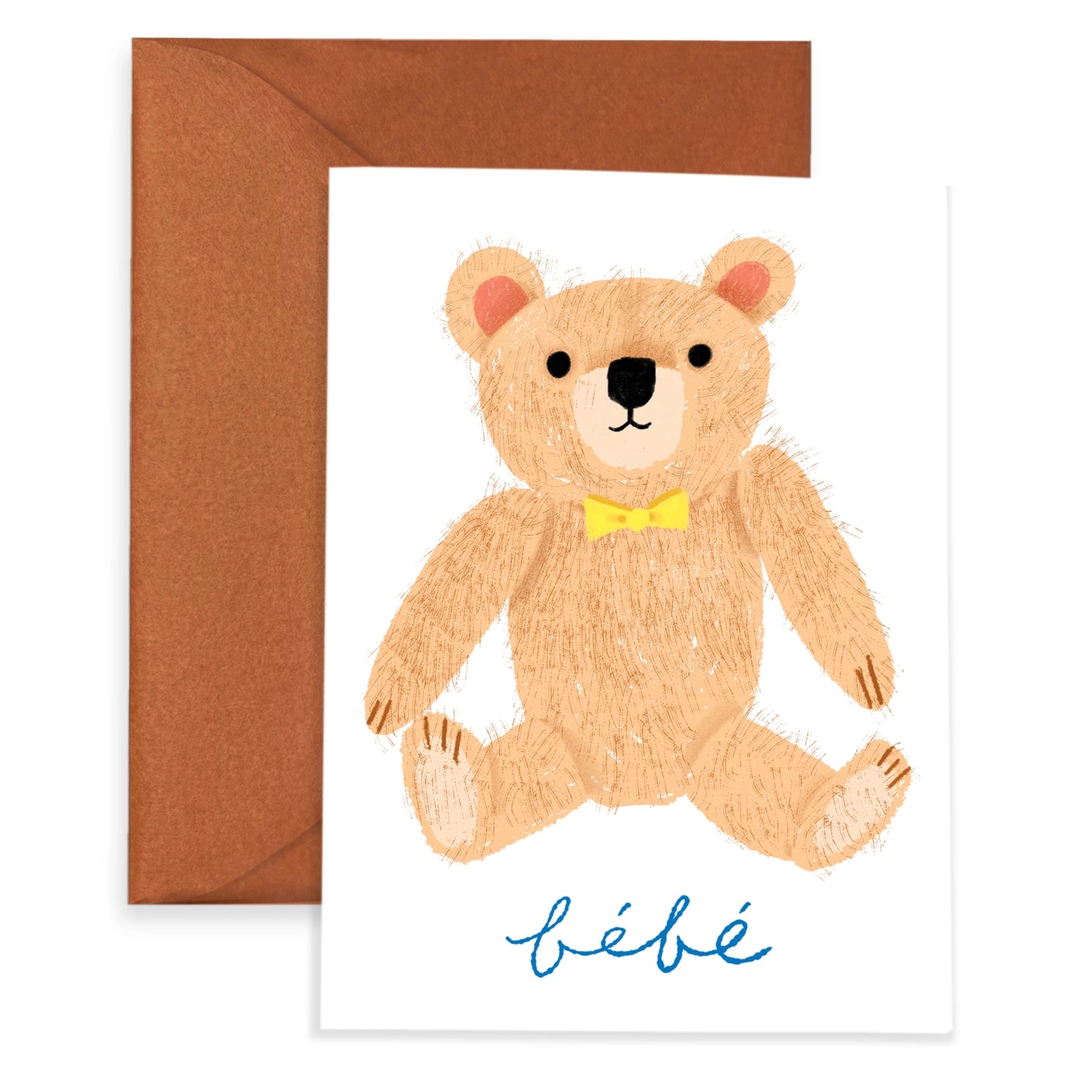 A greeting card with an illustration of a teddy bear and the word 'bébé' written at the bottom, accompanied by a brown envelope. The card is placed against a white background.