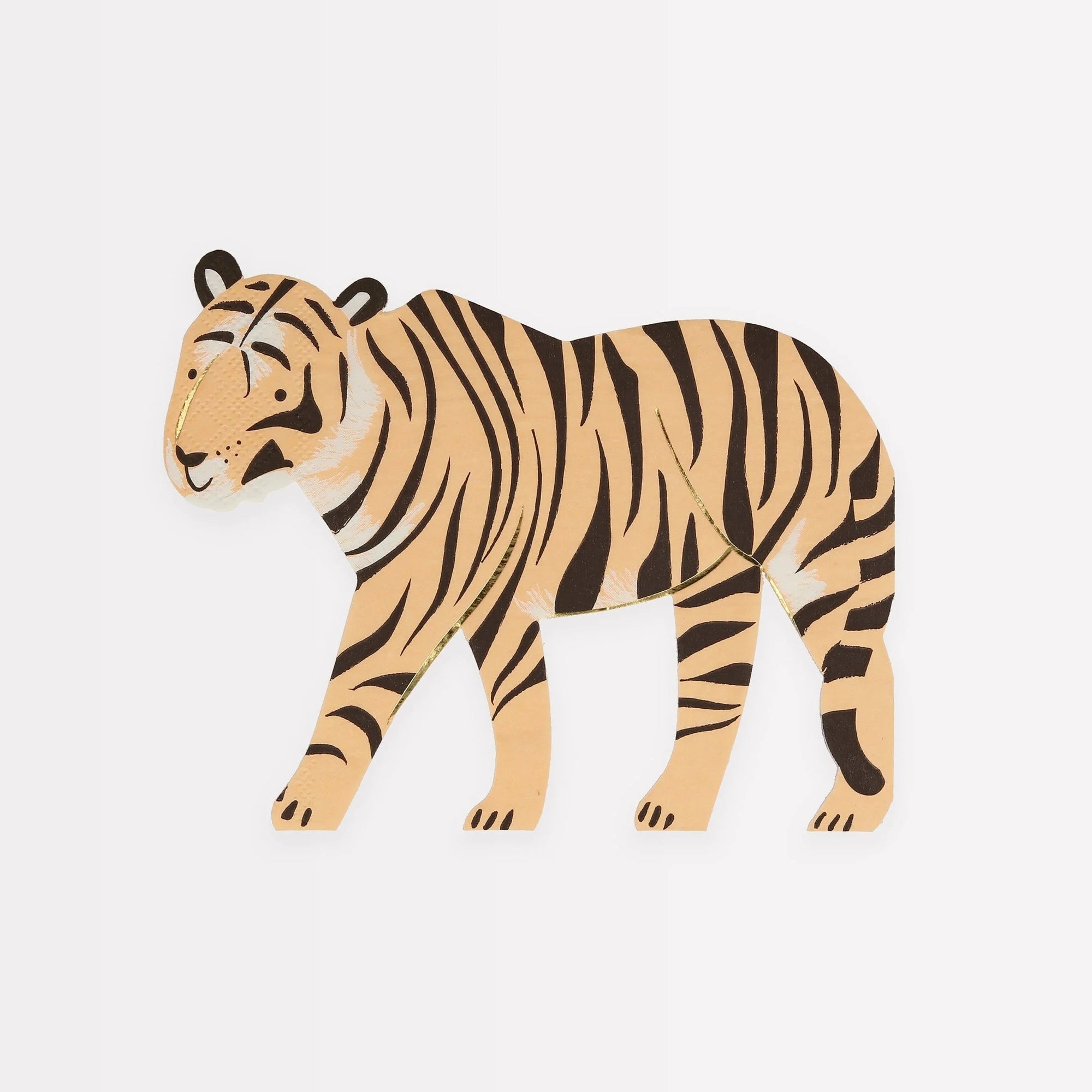 A folded paper napkin with a tiger design featuring shiny gold foil details on a white background.