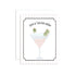 A greeting card with an illustration of two toy figures in a martini glass, with the text 'Just a Tini Bit Older' and a striped background.