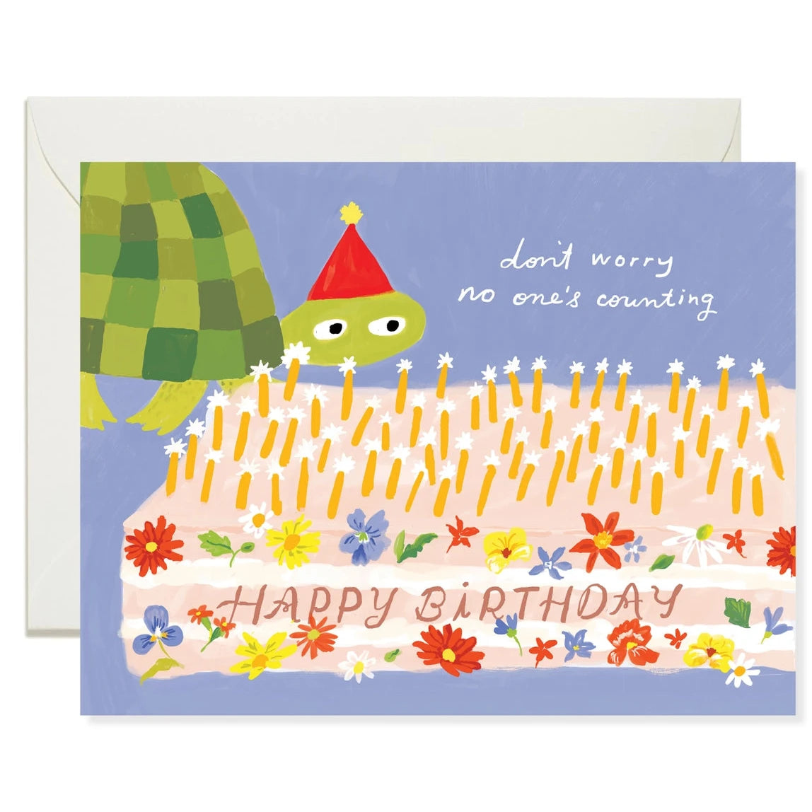 A colorful birthday card featuring a cartoon turtle with a party hat on, standing next to a cake with candles. The text on the card reads 'Happy Birthday' and 'No one's counting'.
