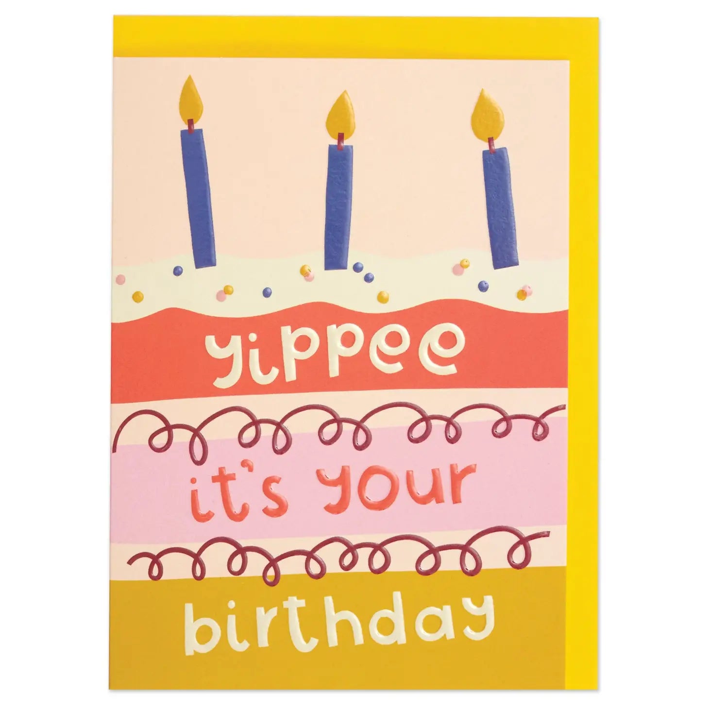A colorful birthday card with 'YIPPEE IT'S YOUR BIRTHDAY' text, featuring a cake with blue and yellow candles and decorations, and a yellow envelope.
