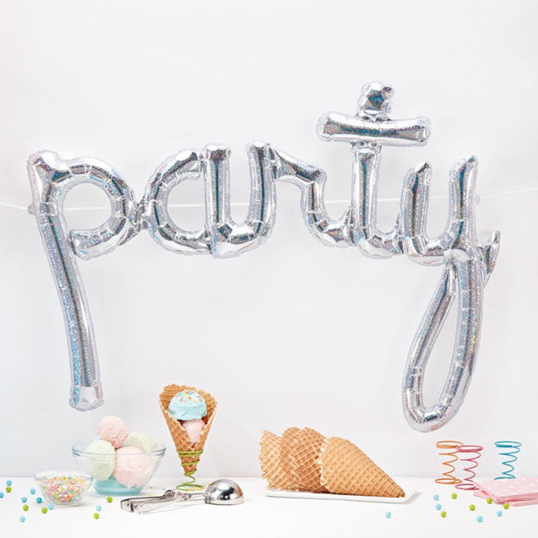PARTY Holographic Silver Script Balloon